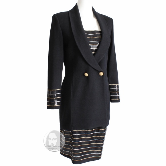 St John Evening Suit Jacket Skirt 2pc Set Embellished Knit Black Gold White Sz 6 - Picture 5 of 11
